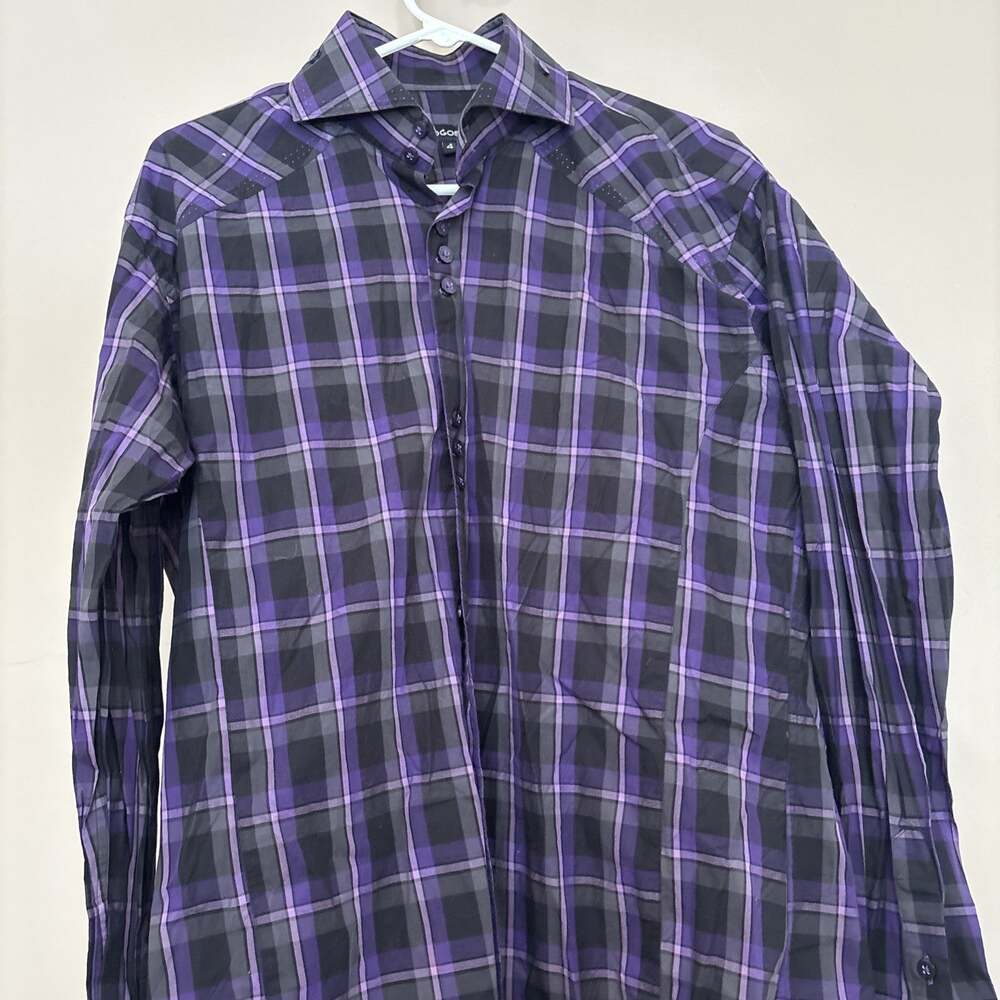 Bogosse 100% Cotton Long Sleeve Purple Black Plaid Button Down Shirt 4